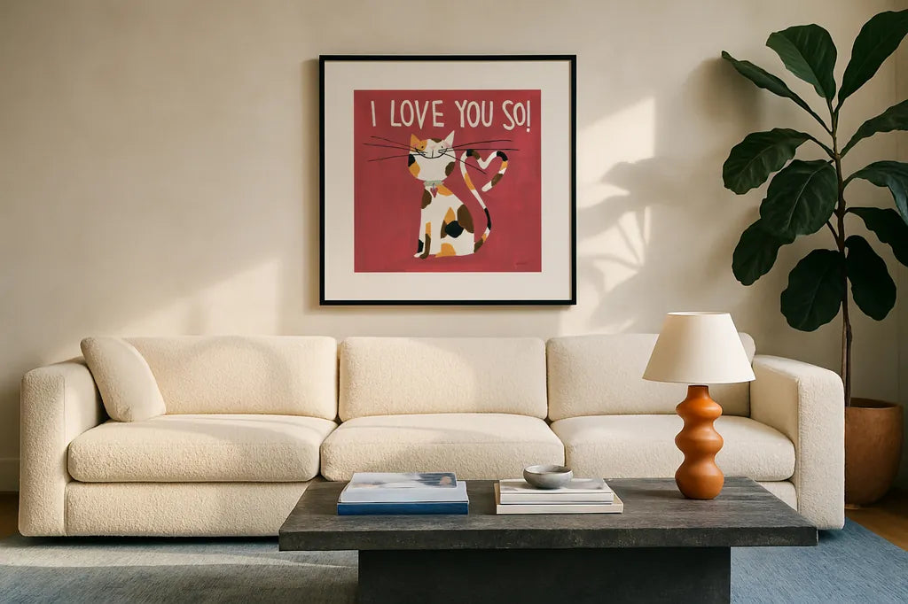 Happy Cats I Love You So by Anne Tavoletti. Displayed in a glass frame with matte in a clean modern living room. Available as an archival giclee rolled canvas, fine art paper, or poster print. SKU 13552a.