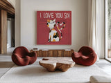 Happy Cats I Love You So by Anne Tavoletti. Shown as extra-large giant wall art in a modern living room. Available as an archival giclee rolled canvas, fine art paper, or poster print. SKU 13552a.