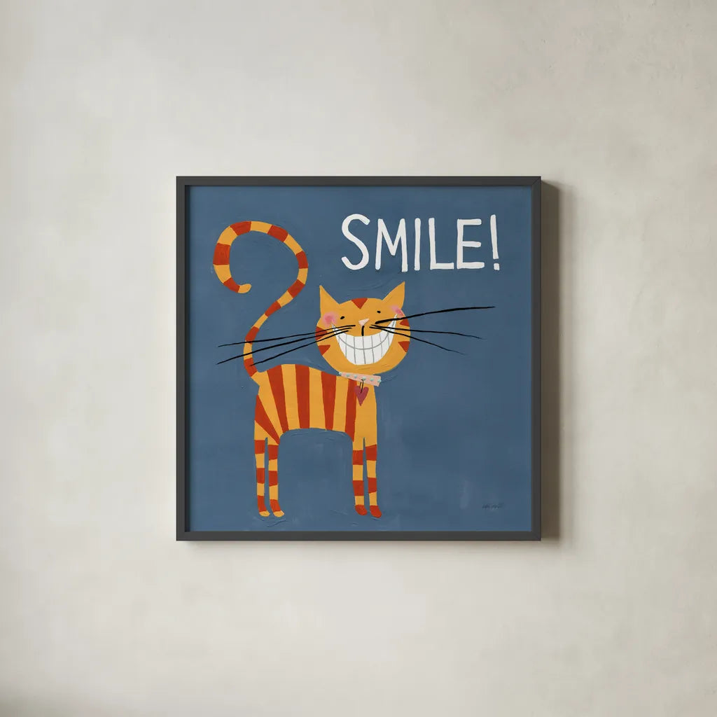 Happy Cats Smile by Anne Tavoletti. Shown in a sleek black glass frame for a contemporary gallery look. Available as an archival giclee rolled canvas, fine art paper, or poster print. SKU 16759a.