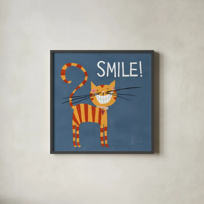 Happy Cats Smile by Anne Tavoletti. Shown in a sleek black glass frame for a contemporary gallery look. Available as an archival giclee rolled canvas, fine art paper, or poster print. SKU 16759a.