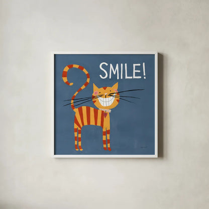 Happy Cats Smile by Anne Tavoletti. Shown in a crisp white glass frame for a clean and minimalist style. Available as an archival giclee rolled canvas, fine art paper, or poster print. SKU 16759a.