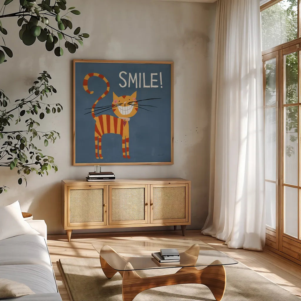 Happy Cats Smile by Anne Tavoletti. Shown in a natural wood frame in a cozy modern living room. Available as an archival giclee rolled canvas, fine art paper, or poster print. SKU 16759a.