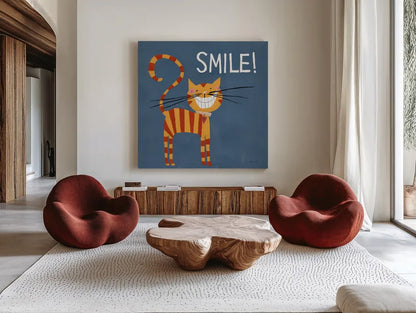 Happy Cats Smile by Anne Tavoletti. Shown as extra-large giant wall art in a modern living room. Available as an archival giclee rolled canvas, fine art paper, or poster print. SKU 16759a.