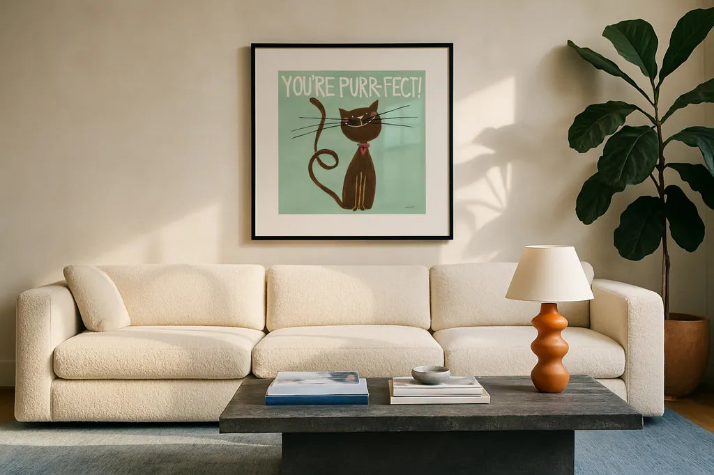 Happy Cats You Are Purr-fect by Anne Tavoletti. Displayed in a glass frame with matte in a clean modern living room. Available as an archival giclee rolled canvas, fine art paper, or poster print. SKU 13553a.