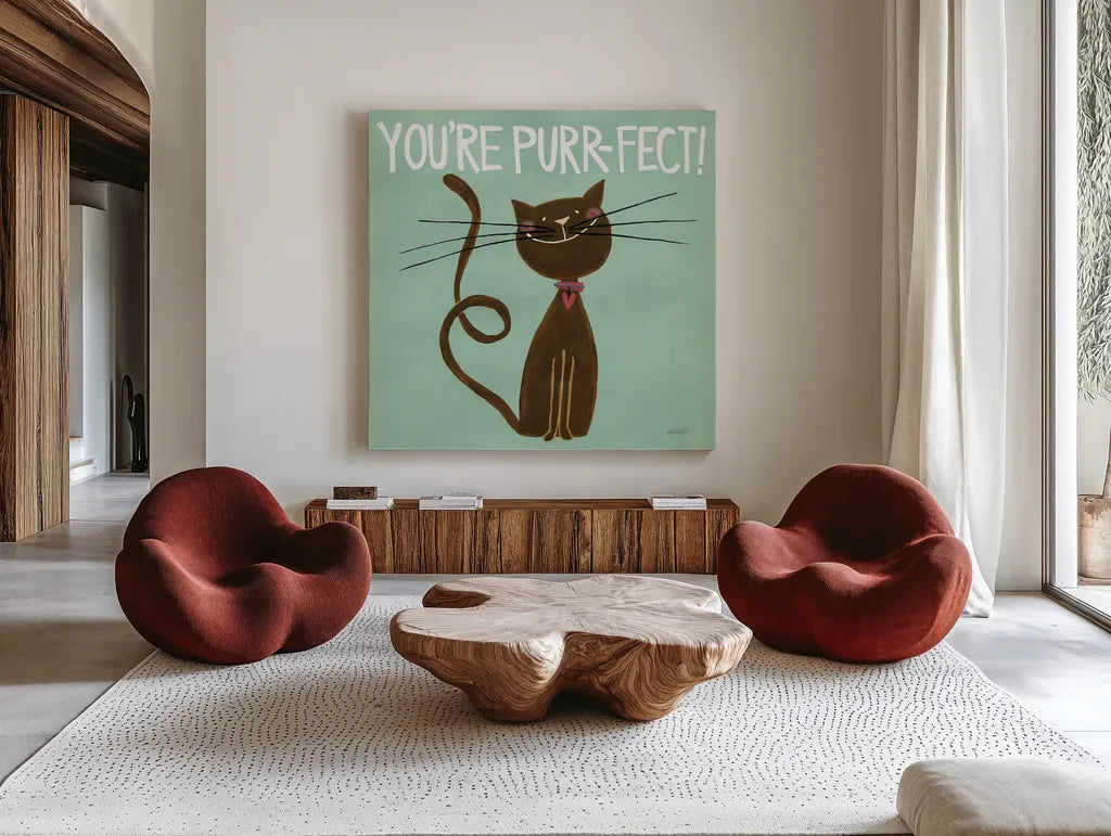 Happy Cats You Are Purr-fect by Anne Tavoletti. Shown as extra-large giant wall art in a modern living room. Available as an archival giclee rolled canvas, fine art paper, or poster print. SKU 13553a.