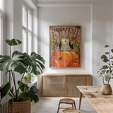 Happy Fall by Anne Tavoletti. shown as a print in a natural wood frame in a dining room. Available as a archival giclee rolled canvas, fine art paper, or poster print. SKU 12571h.