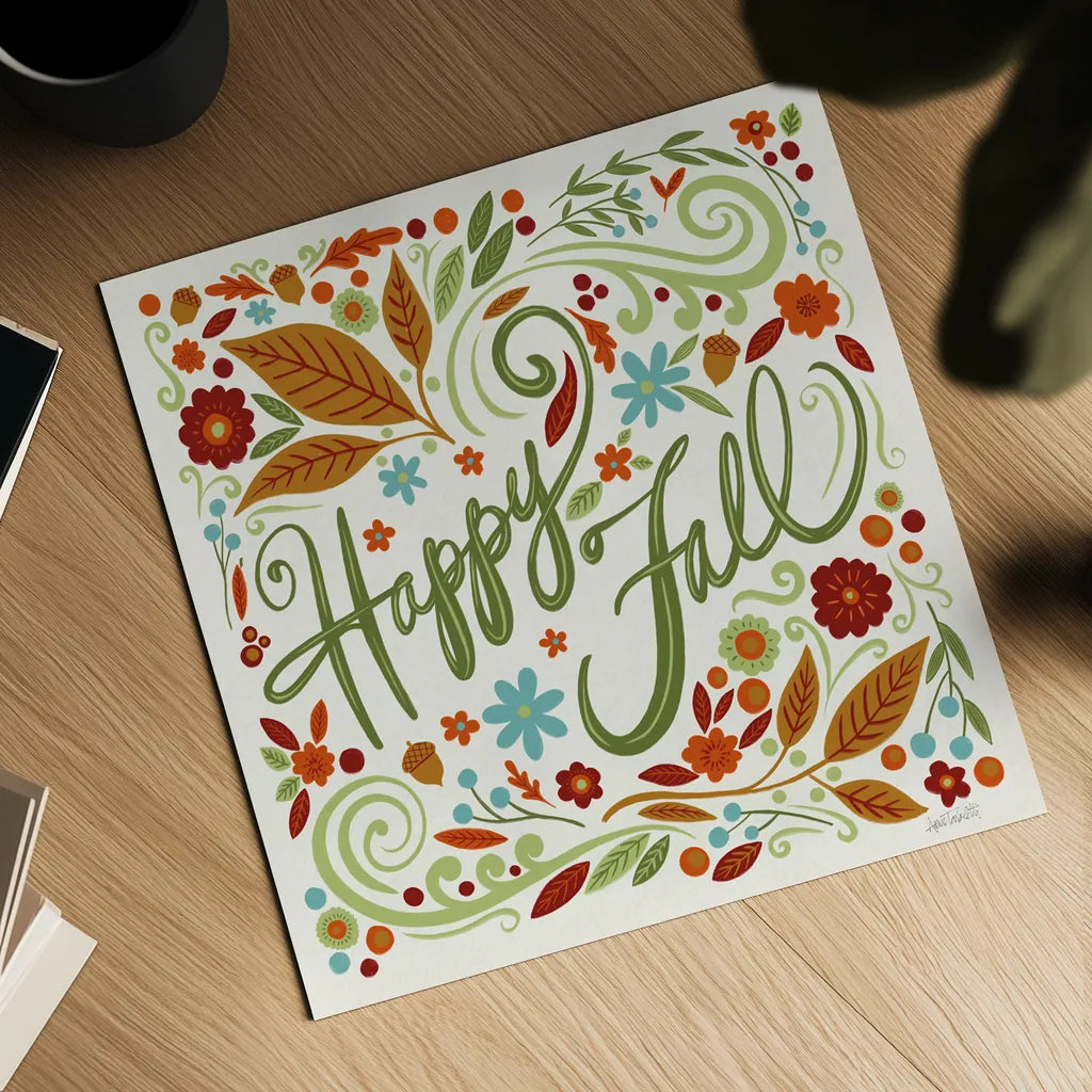 Happy Fall I by Anne Tavoletti. Shown as a detailed flat fine art print, highlighting archival giclee quality. Available as an archival giclee rolled canvas, fine art paper, or poster print. SKU 65840a.