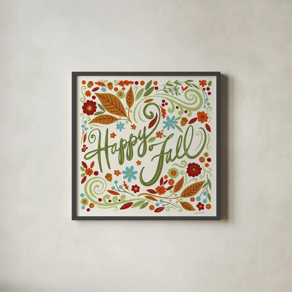 Happy Fall I by Anne Tavoletti. Shown in a sleek black glass frame for a contemporary gallery look. Available as an archival giclee rolled canvas, fine art paper, or poster print. SKU 65840a.