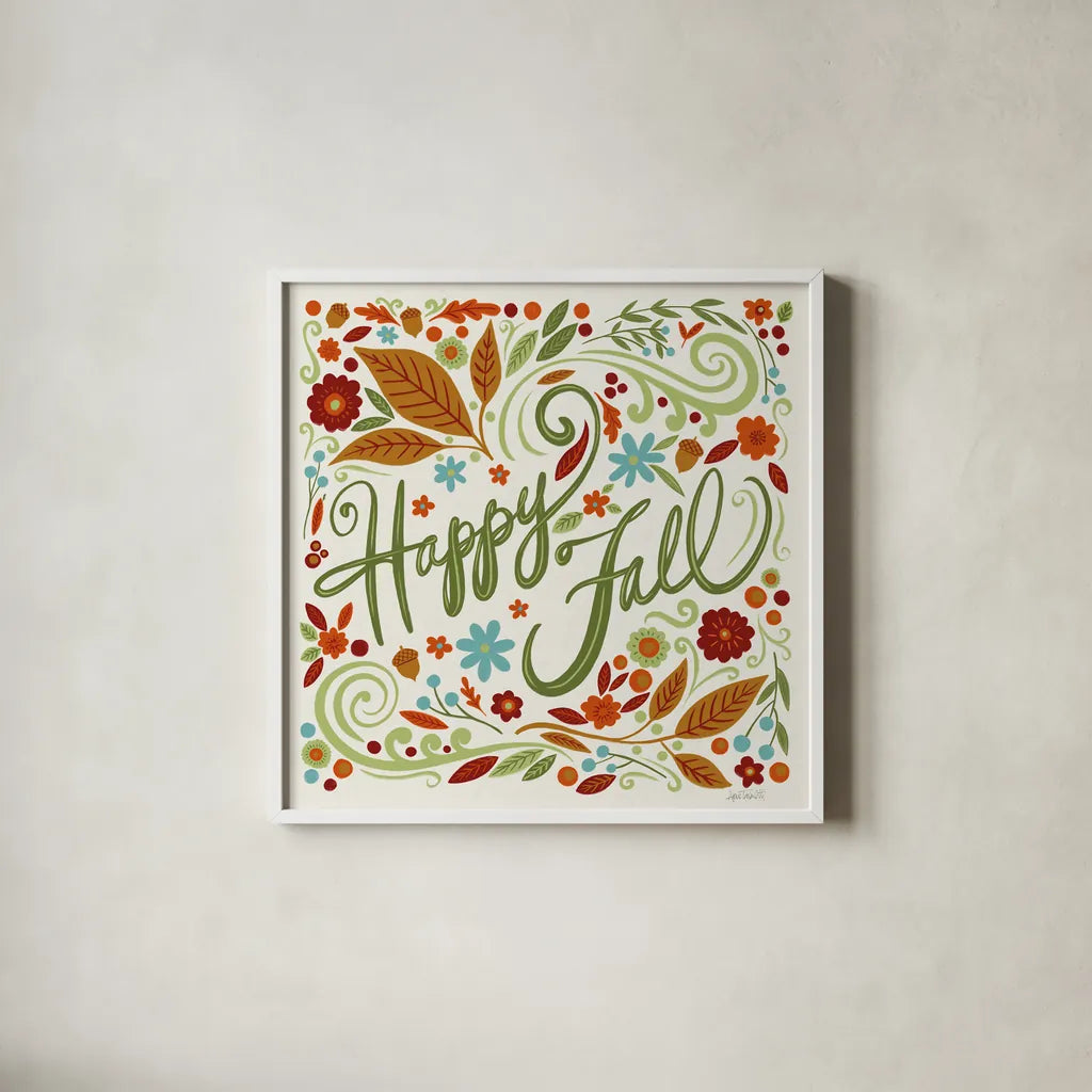 Happy Fall I by Anne Tavoletti. Shown in a crisp white glass frame for a clean and minimalist style. Available as an archival giclee rolled canvas, fine art paper, or poster print. SKU 65840a.