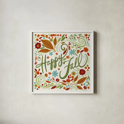 Happy Fall I by Anne Tavoletti. Shown in a crisp white glass frame for a clean and minimalist style. Available as an archival giclee rolled canvas, fine art paper, or poster print. SKU 65840a.