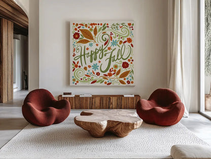 Happy Fall I by Anne Tavoletti. Shown as extra-large giant wall art in a modern living room. Available as an archival giclee rolled canvas, fine art paper, or poster print. SKU 65840a.