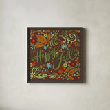 Happy Fall I Dark by Anne Tavoletti. Shown in a sleek black glass frame for a contemporary gallery look. Available as an archival giclee rolled canvas, fine art paper, or poster print. SKU 65841a.