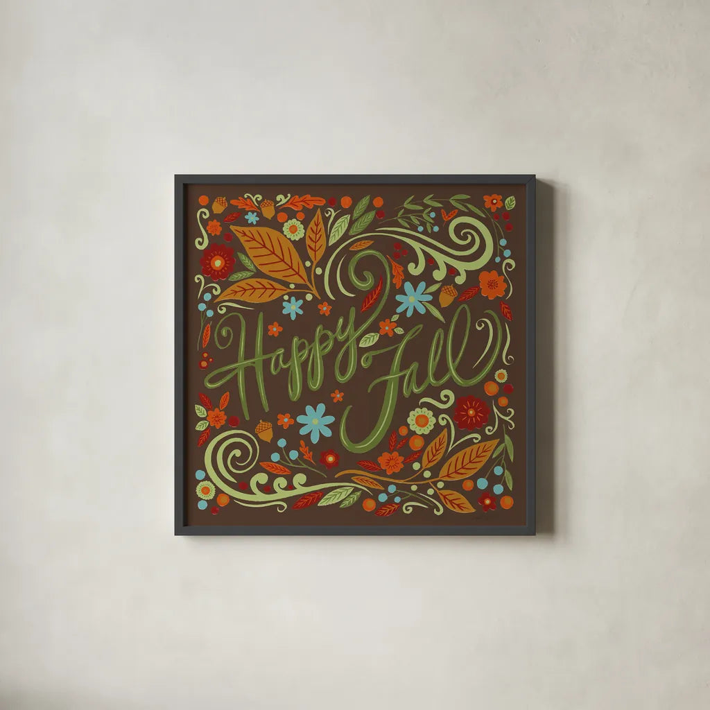 Happy Fall I Dark by Anne Tavoletti. Shown in a sleek black glass frame for a contemporary gallery look. Available as an archival giclee rolled canvas, fine art paper, or poster print. SKU 65841a.