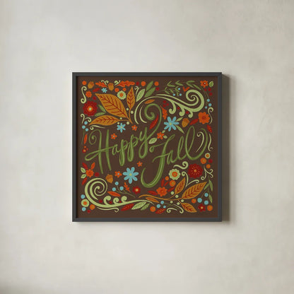 Happy Fall I Dark by Anne Tavoletti. Shown in a sleek black glass frame for a contemporary gallery look. Available as an archival giclee rolled canvas, fine art paper, or poster print. SKU 65841a.