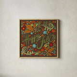 Happy Fall I Dark by Anne Tavoletti. Shown in a natural wood glass frame for a timeless modern aesthetic. Available as an archival giclee rolled canvas, fine art paper, or poster print. SKU 65841a.