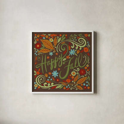 Happy Fall I Dark by Anne Tavoletti. Shown in a crisp white glass frame for a clean and minimalist style. Available as an archival giclee rolled canvas, fine art paper, or poster print. SKU 65841a.