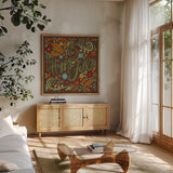 Happy Fall I Dark by Anne Tavoletti. Shown in a natural wood frame in a cozy modern living room. Available as an archival giclee rolled canvas, fine art paper, or poster print. SKU 65841a.