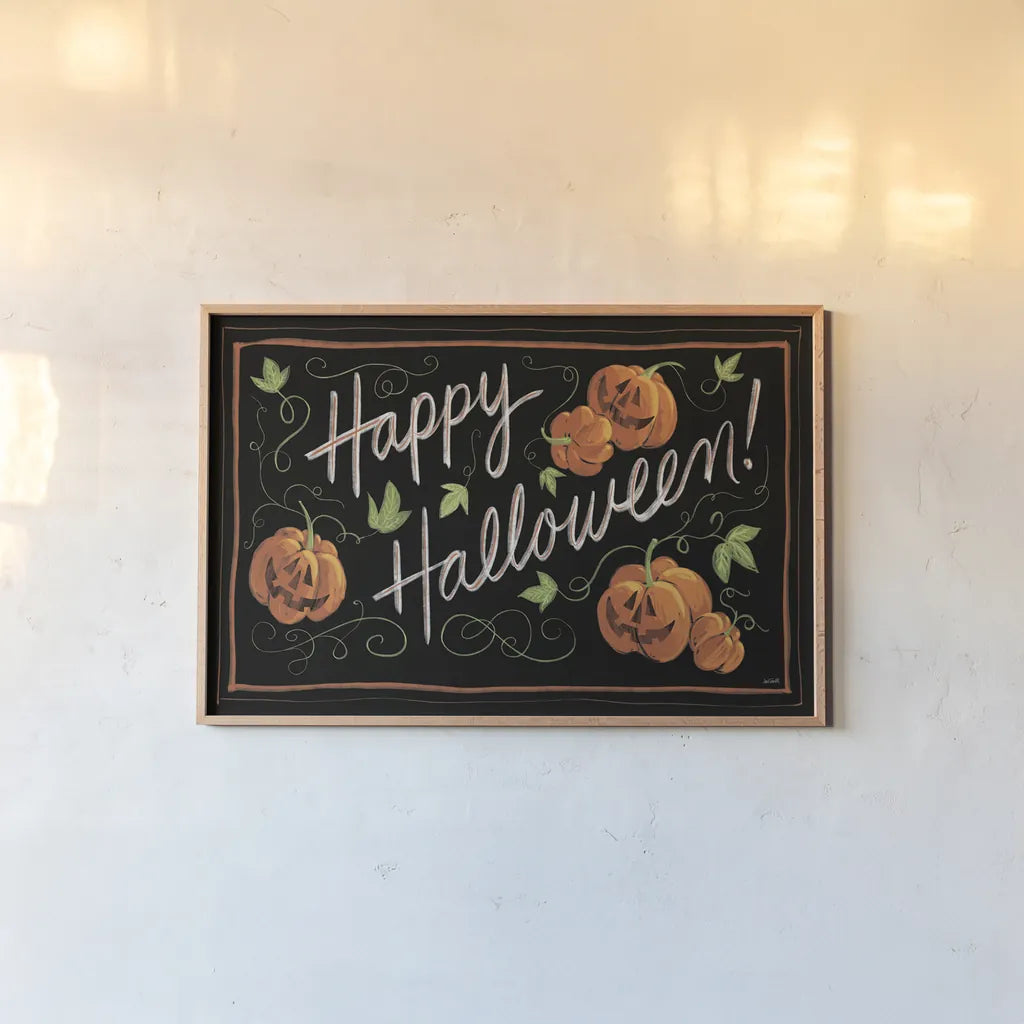Happy Halloween Jack O Lanterns by Anne Tavoletti. shown as a paper print in a natural frame. Available as a archival giclee rolled canvas, fine art paper, or poster print. SKU 67879i.