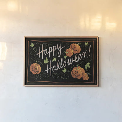 Happy Halloween Jack O Lanterns by Anne Tavoletti. shown as a paper print in a natural frame. Available as a archival giclee rolled canvas, fine art paper, or poster print. SKU 67879i.