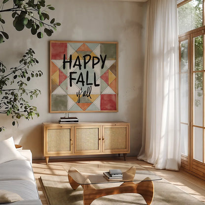 Happy Harvest Fun IX by Anne Tavoletti. Shown in a natural wood frame in a cozy modern living room. Available as an archival giclee rolled canvas, fine art paper, or poster print. SKU 87257a.
