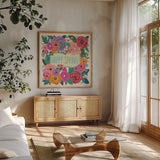 Happy Spring I by Anne Tavoletti. Shown in a natural wood frame in a cozy modern living room. Available as an archival giclee rolled canvas, fine art paper, or poster print. SKU 74921a.