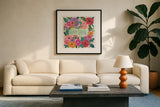 Happy Spring I by Anne Tavoletti. Displayed in a glass frame with matte in a clean modern living room. Available as an archival giclee rolled canvas, fine art paper, or poster print. SKU 74921a.