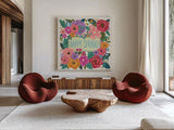 Happy Spring I by Anne Tavoletti. Shown as extra-large giant wall art in a modern living room. Available as an archival giclee rolled canvas, fine art paper, or poster print. SKU 74921a.