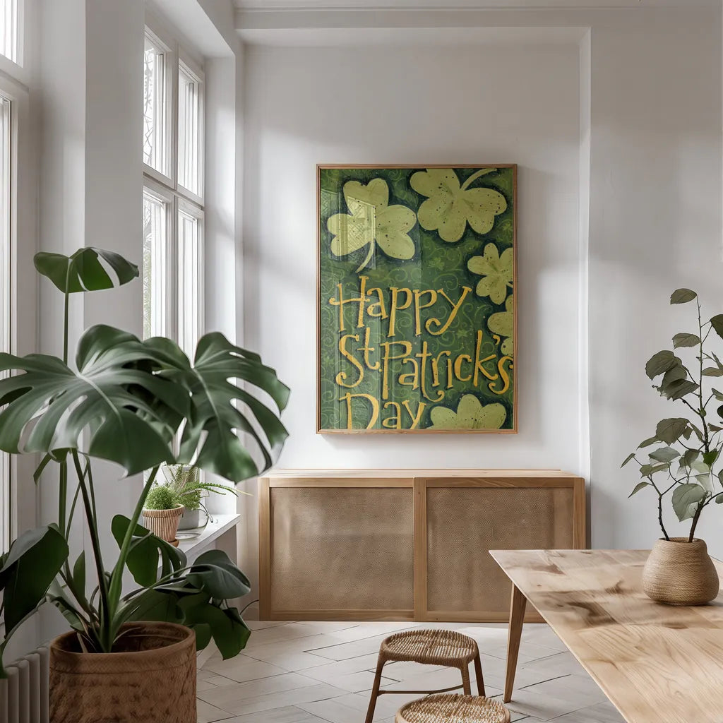 Happy St Patricks Day by Anne Tavoletti. shown as a print in a natural wood frame in a dining room. Available as a archival giclee rolled canvas, fine art paper, or poster print. SKU 56646h.