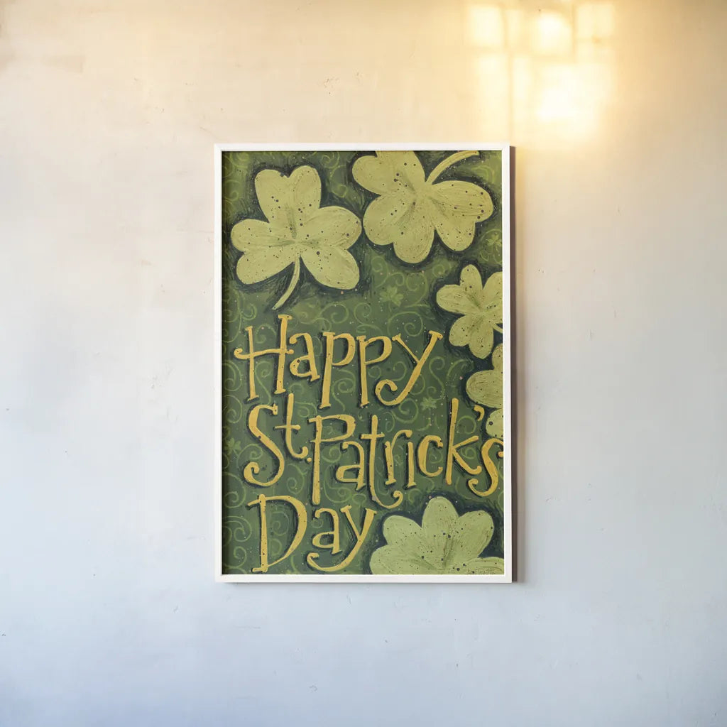 Happy St Patricks Day by Anne Tavoletti. shown as a paper print in a white frame. Available as a archival giclee rolled canvas, fine art paper, or poster print. SKU 56646h.