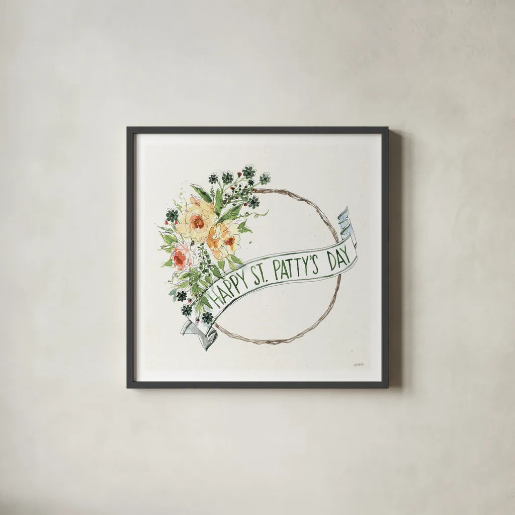 Happy St.Pattys Day I by Anne Tavoletti. Shown in a sleek black glass frame for a contemporary gallery look. Available as an archival giclee rolled canvas, fine art paper, or poster print. SKU 68561a.