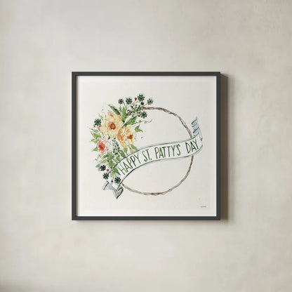 Happy St.Pattys Day I by Anne Tavoletti. Shown in a sleek black glass frame for a contemporary gallery look. Available as an archival giclee rolled canvas, fine art paper, or poster print. SKU 68561a.