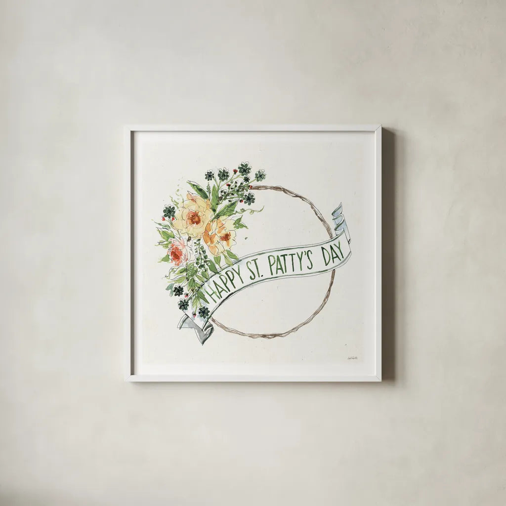 Happy St.Pattys Day I by Anne Tavoletti. Shown in a crisp white glass frame for a clean and minimalist style. Available as an archival giclee rolled canvas, fine art paper, or poster print. SKU 68561a.