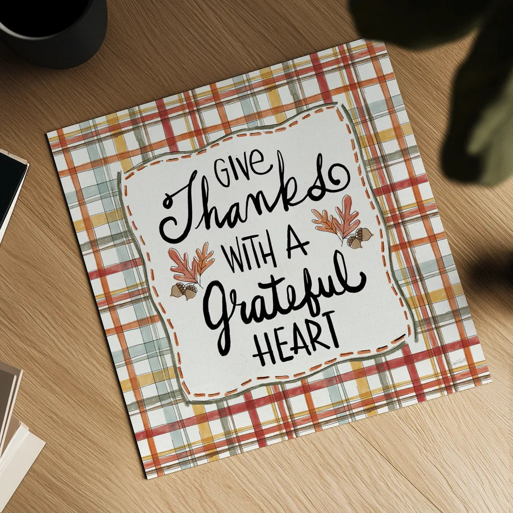 Harvest Fun II Give Thanks by Anne Tavoletti. Shown as a detailed flat fine art print, highlighting archival giclee quality. Available as an archival giclee rolled canvas, fine art paper, or poster print. SKU 95645a.