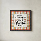 Harvest Fun II Give Thanks by Anne Tavoletti. Shown in a sleek black glass frame for a contemporary gallery look. Available as an archival giclee rolled canvas, fine art paper, or poster print. SKU 95645a.