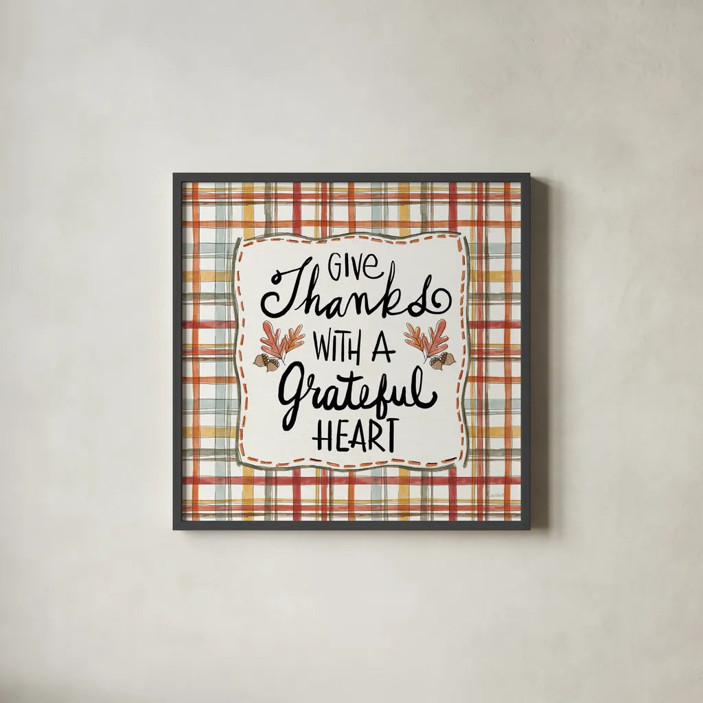 Harvest Fun II Give Thanks by Anne Tavoletti. Shown in a sleek black glass frame for a contemporary gallery look. Available as an archival giclee rolled canvas, fine art paper, or poster print. SKU 95645a.