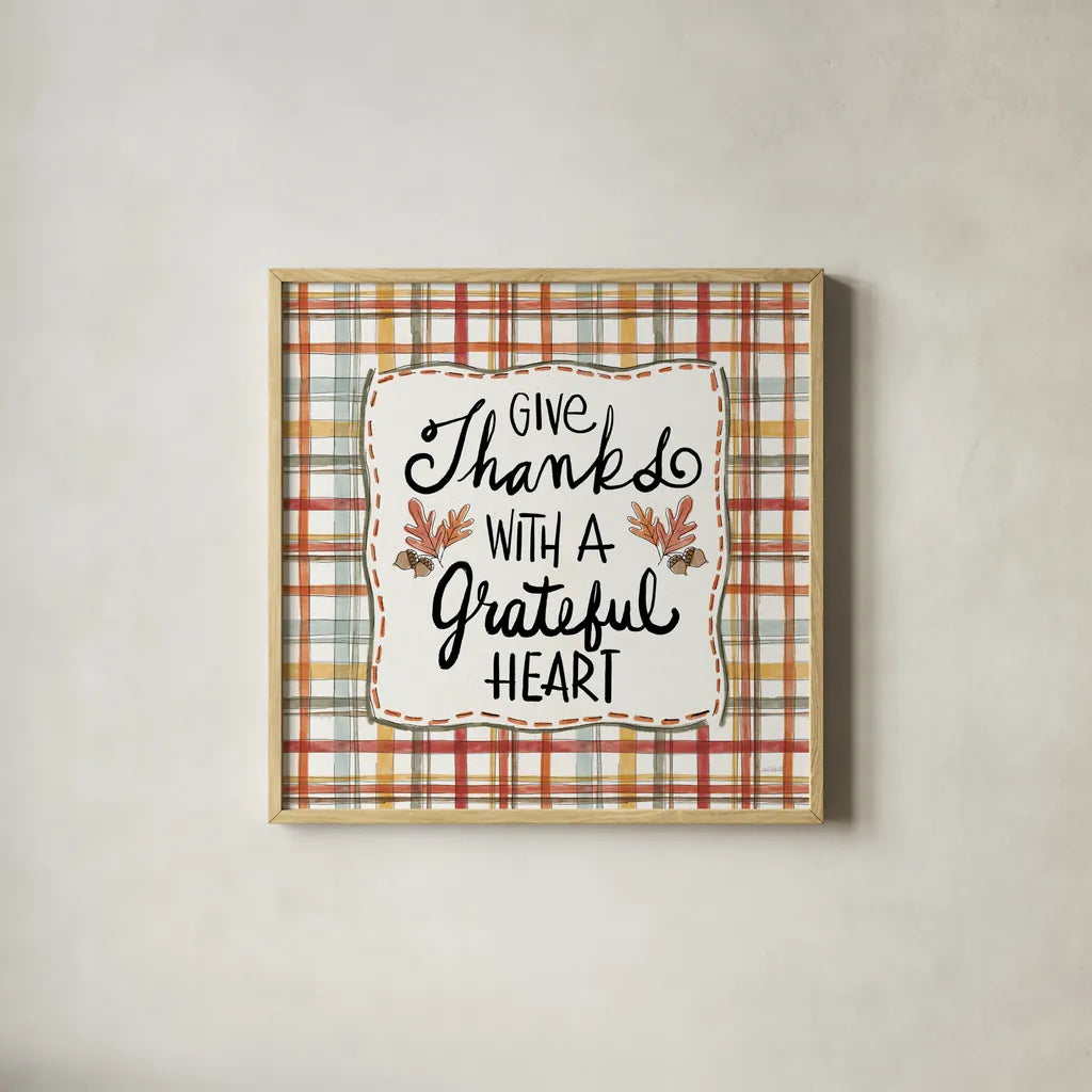 Harvest Fun II Give Thanks by Anne Tavoletti. Shown in a natural wood glass frame for a timeless modern aesthetic. Available as an archival giclee rolled canvas, fine art paper, or poster print. SKU 95645a.