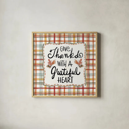 Harvest Fun II Give Thanks by Anne Tavoletti. Shown in a natural wood glass frame for a timeless modern aesthetic. Available as an archival giclee rolled canvas, fine art paper, or poster print. SKU 95645a.