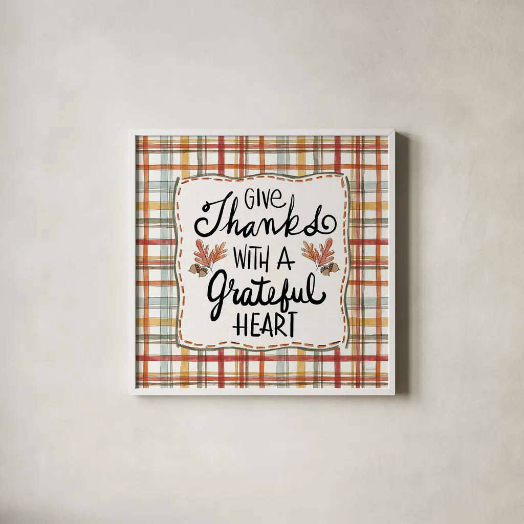 Harvest Fun II Give Thanks by Anne Tavoletti. Shown in a crisp white glass frame for a clean and minimalist style. Available as an archival giclee rolled canvas, fine art paper, or poster print. SKU 95645a.