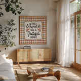 Harvest Fun II Give Thanks by Anne Tavoletti. Shown in a natural wood frame in a cozy modern living room. Available as an archival giclee rolled canvas, fine art paper, or poster print. SKU 95645a.