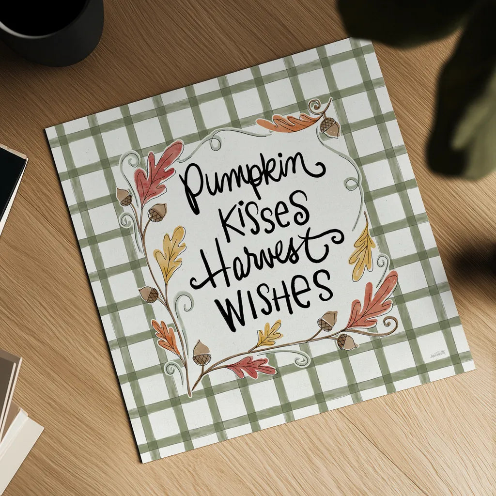 Harvest Fun V Pumpkin Kisses by Anne Tavoletti. Shown as a detailed flat fine art print, highlighting archival giclee quality. Available as an archival giclee rolled canvas, fine art paper, or poster print. SKU 95646a.