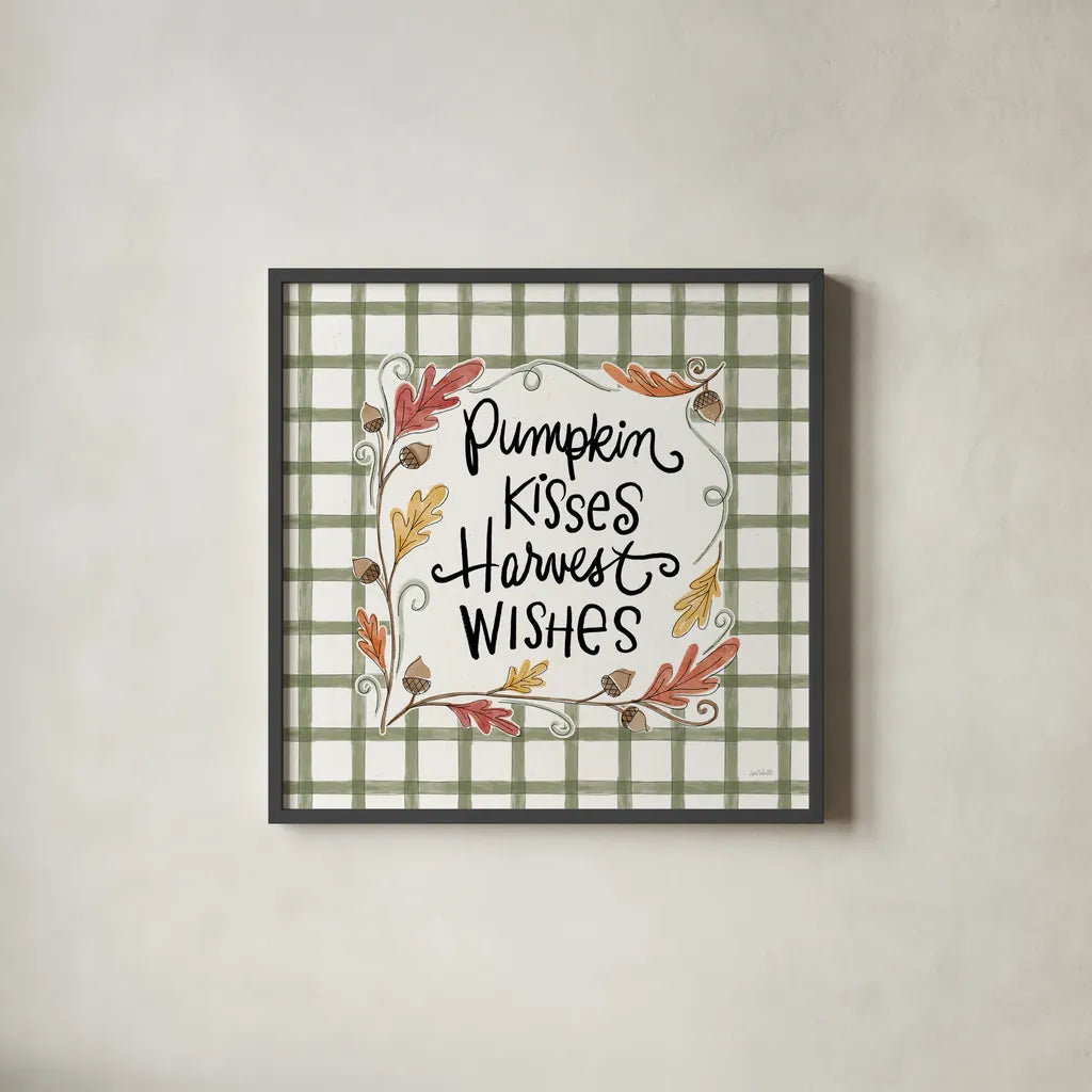 Harvest Fun V Pumpkin Kisses by Anne Tavoletti. Shown in a sleek black glass frame for a contemporary gallery look. Available as an archival giclee rolled canvas, fine art paper, or poster print. SKU 95646a.