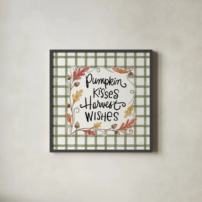 Harvest Fun V Pumpkin Kisses by Anne Tavoletti. Shown in a sleek black glass frame for a contemporary gallery look. Available as an archival giclee rolled canvas, fine art paper, or poster print. SKU 95646a.