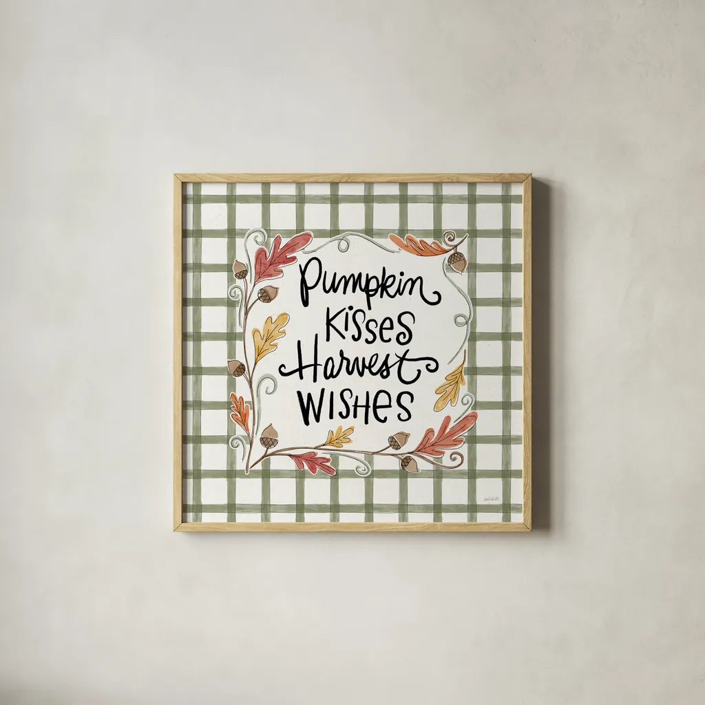 Harvest Fun V Pumpkin Kisses by Anne Tavoletti. Shown in a natural wood glass frame for a timeless modern aesthetic. Available as an archival giclee rolled canvas, fine art paper, or poster print. SKU 95646a.