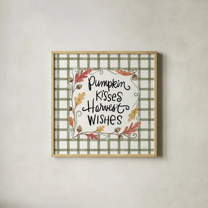 Harvest Fun V Pumpkin Kisses by Anne Tavoletti. Shown in a natural wood glass frame for a timeless modern aesthetic. Available as an archival giclee rolled canvas, fine art paper, or poster print. SKU 95646a.