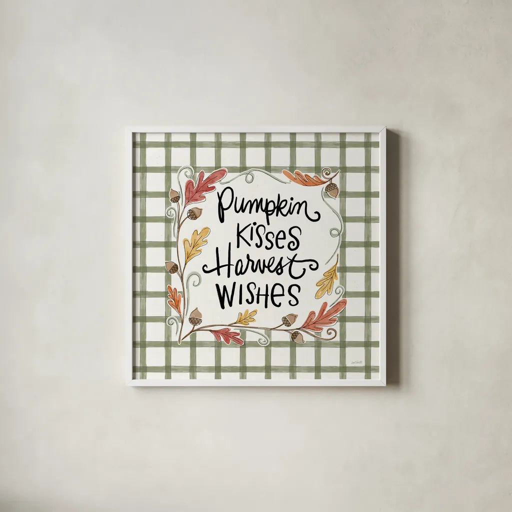 Harvest Fun V Pumpkin Kisses by Anne Tavoletti. Shown in a crisp white glass frame for a clean and minimalist style. Available as an archival giclee rolled canvas, fine art paper, or poster print. SKU 95646a.