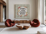Harvest Fun V Pumpkin Kisses by Anne Tavoletti. Shown as extra-large giant wall art in a modern living room. Available as an archival giclee rolled canvas, fine art paper, or poster print. SKU 95646a.