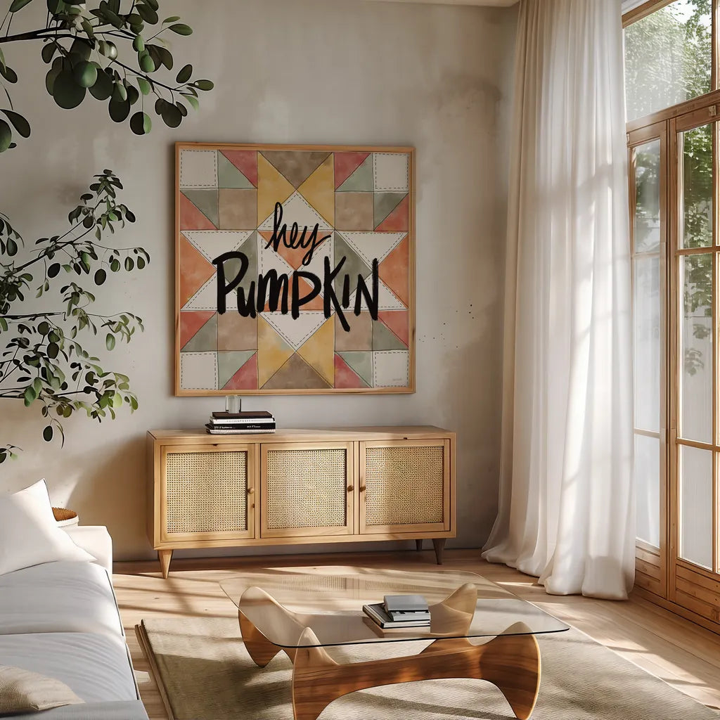 Harvest Fun VIII by Anne Tavoletti. Shown in a natural wood frame in a cozy modern living room. Available as an archival giclee rolled canvas, fine art paper, or poster print. SKU 87207a.