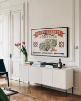 Harvest Times I by Anne Tavoletti. shown as a framed stretched canvas in a living room above a console. Available as a archival giclee rolled canvas, fine art paper, or poster print. SKU 58000i.