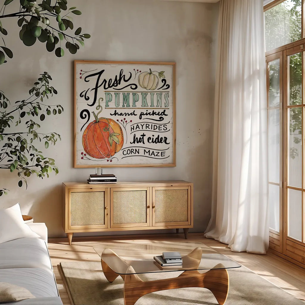 Harvest Times IV by Anne Tavoletti. Shown in a natural wood frame in a cozy modern living room. Available as an archival giclee rolled canvas, fine art paper, or poster print. SKU 58003a.