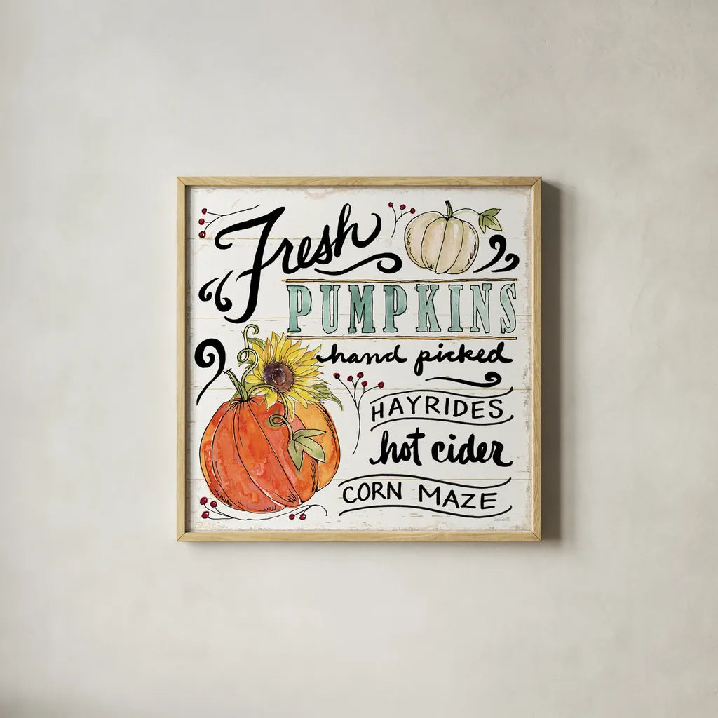 Harvest Times IV Sunflower by Anne Tavoletti. Shown in a natural wood glass frame for a timeless modern aesthetic. Available as an archival giclee rolled canvas, fine art paper, or poster print. SKU 58592a.